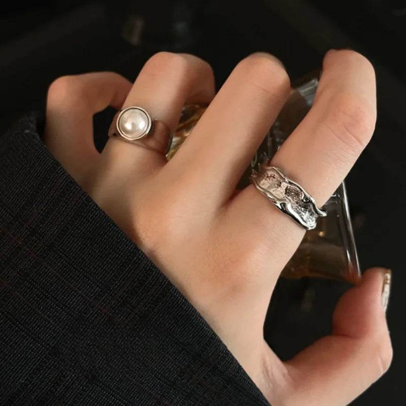 PANJBJ 925 Sterling Silver Zircon Ring For Women Irregular Liquid Lava Design Punk Versatile Adjustable Jewelry Gift Dropship - Touchy Style