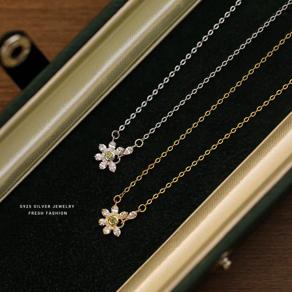 925 Sterling Silver Shiny Zircon Flowers Pendant Necklace Clavicle Chain for Women Birthday Gift Fine S925 Jewelry - Touchy Style