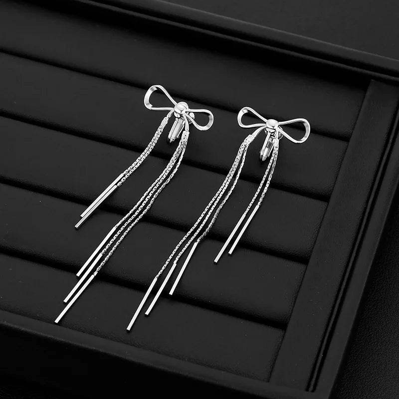 PANJBJ 925 Sterling Silver Bowknot Clip Earring for Women Hollow Out Tassels Ins Versatile Geometry Jewelry Gift Dropshipping - Touchy Style