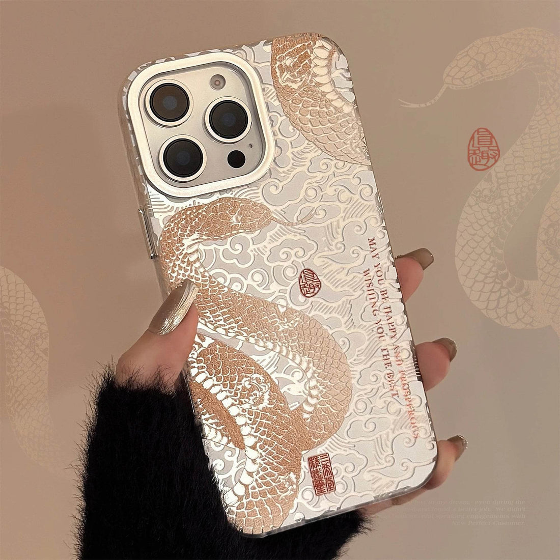 Cute Phone Cases - Chinese Electroplated Golden Snake Pattern - Auspicious Phone Case for iPhone 16 15 14 13 Pro Max Back Phone Cover - Touchy Style