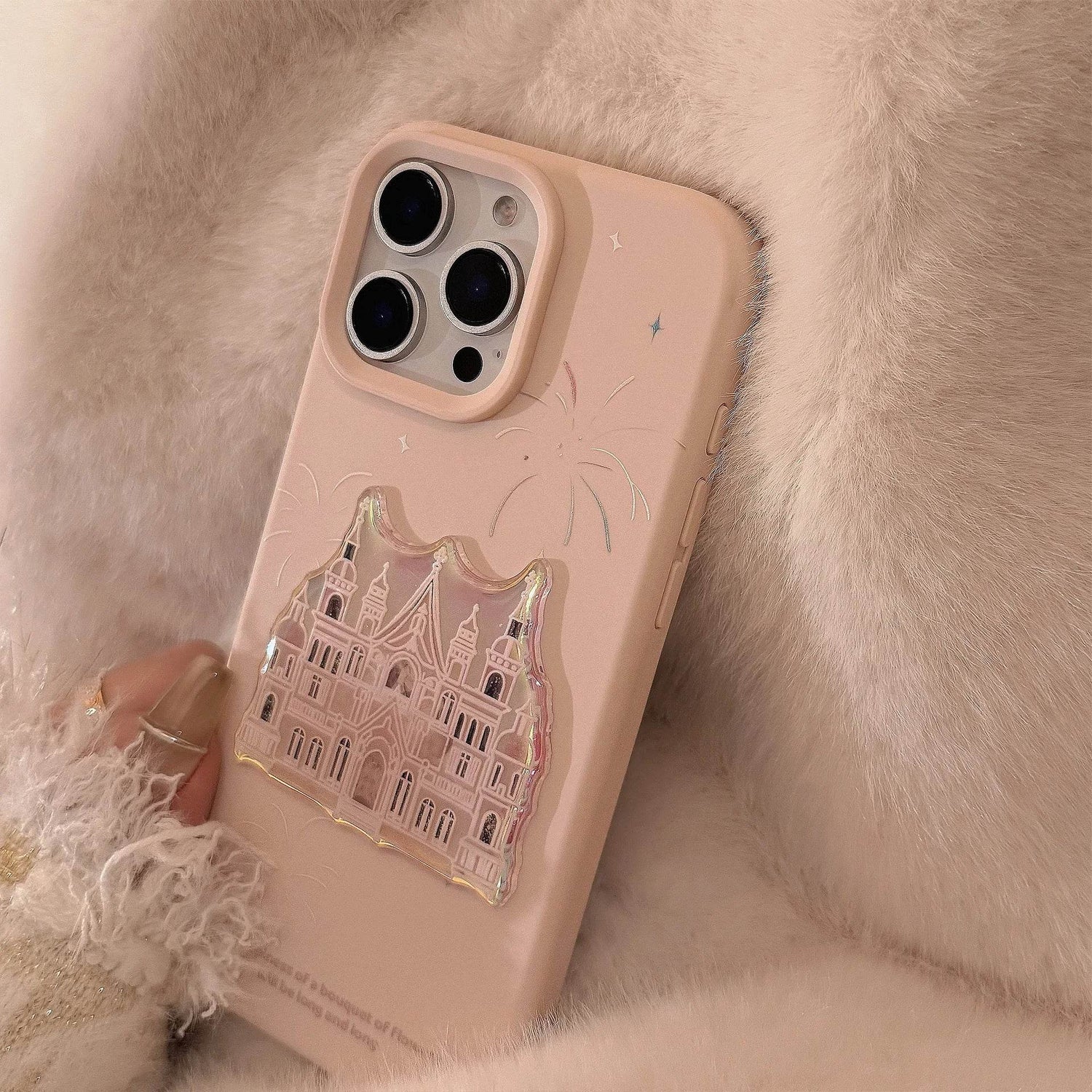 Cute Phone Cases For iPhone 16, 15, 14, 13, 12, 11 Pro Max - Pink Castle, Laser Art with Sweet Bracelet Pendant - IC1050 - Touchy Style