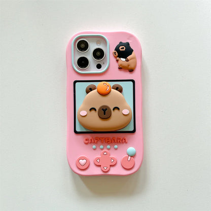 Lovely 3D Capybara Hidden Holder Stand Silicone Phone Case For iPhone 11 12 13 14 15 16 Pro Max Plus Cute Girl Cover