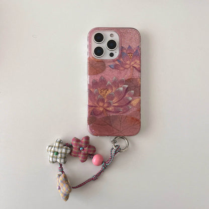 Cute Phone Cases For iPhone 16, 15, 14, 13 Pro Max - Pink Translucent Glittering Lotus Flower Back Cover with Wrist Chain - PC5430 - Touchy Style