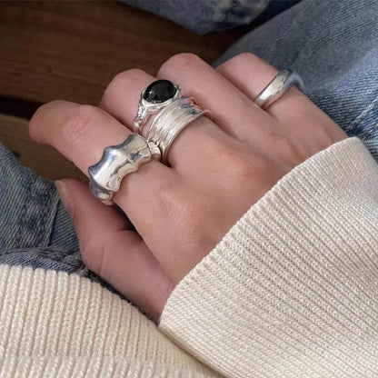 PANJBJ 925 Sterling Silver Black Agate Rings For Women Wide Irregular Geometry Versatile Texture Jewelry Party Gift Dropshipping - Touchy Style