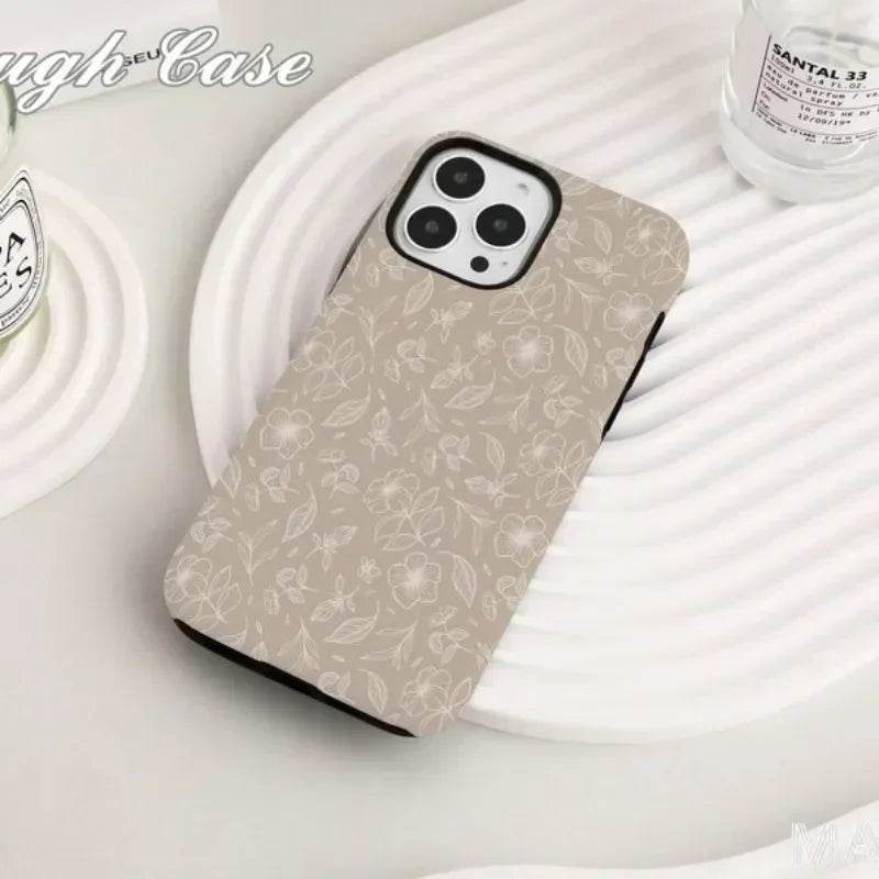 Cute Phone Cases For iPhone 16ProMax, 15, 14, 13, 12, 11 PRO, 11 Plus - Beige Retro Floret - Acrylic TPU Cover - IC3480 - Touchy Style