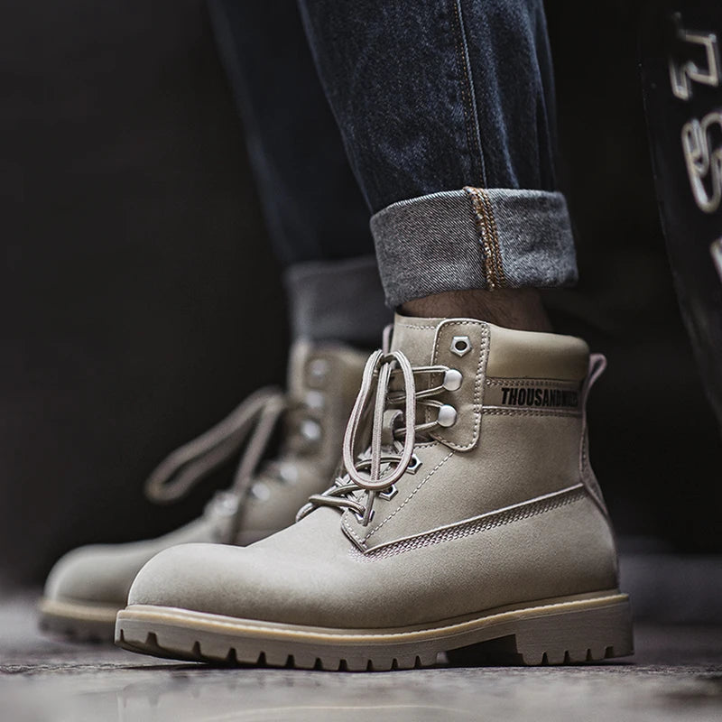 Maden Casual Desert Grey Boots Thick-soled Mid-cut Work Boots for Men Versatile Warm Leather Boots for Autumn and Winter Shoes