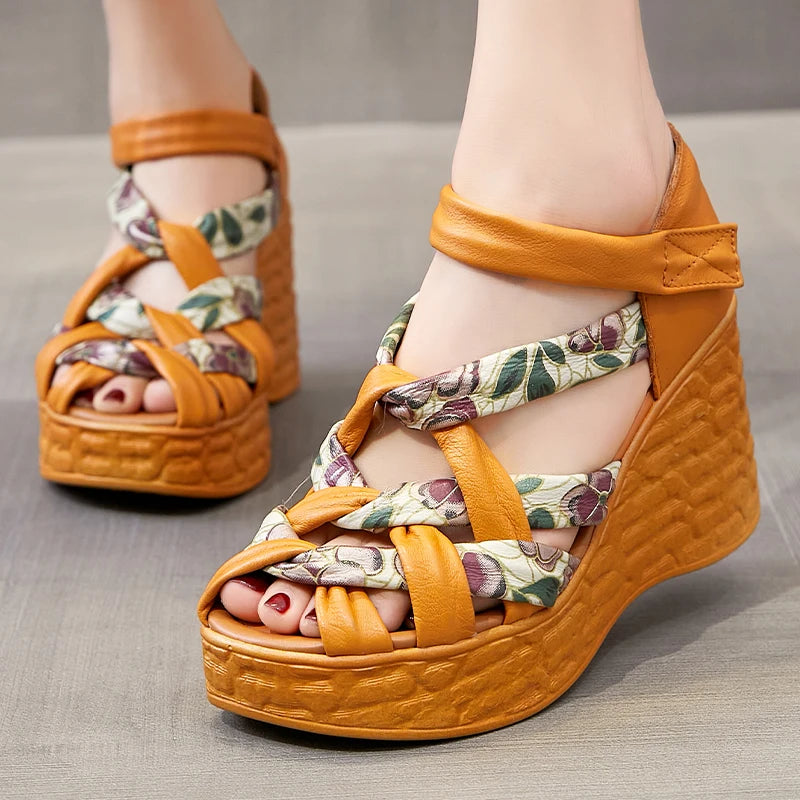 Retro Sandals Summer New Hook &amp; Loop Bohemian Genuine Leather Comfortable Thick Bottom Women&