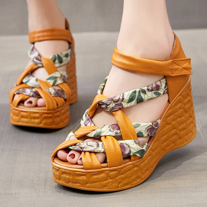 Retro Sandals Summer New Hook &amp; Loop Bohemian Genuine Leather Comfortable Thick Bottom Women&