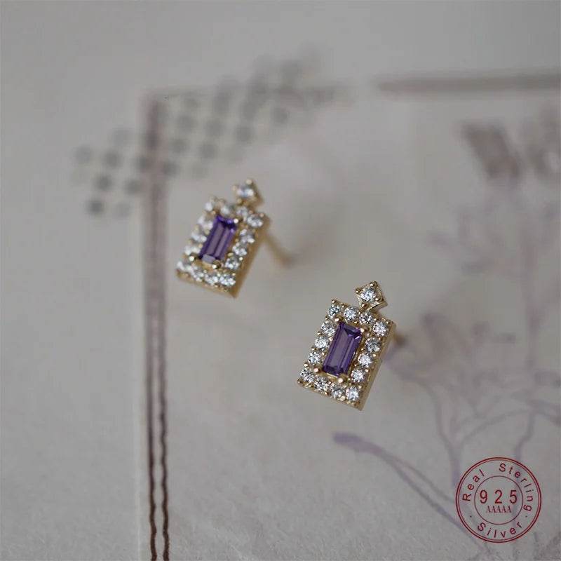 925 Sterling Silver Plated 14K Gold Purple Shiny Zircon Geometry Earrings for Women French Elegance Romance Jewelry - Touchy Style