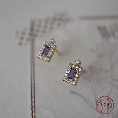 925 Sterling Silver Plated 14K Gold Purple Shiny Zircon Geometry Earrings for Women French Elegance Romance Jewelry - Touchy Style