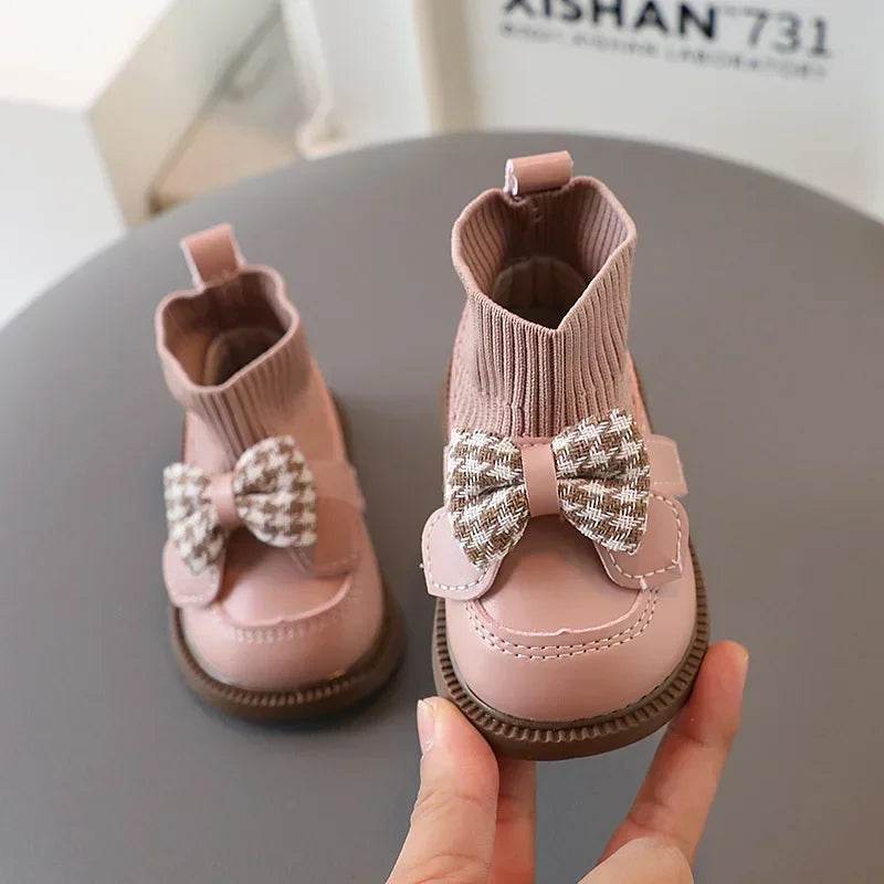 High Top Baby Girl Kintted Sock Shoes Houndstooth Buttefly-knot Toddler Boots for Kids Girls Elegant Newborn Autumn Shoes G09273 - Touchy Style