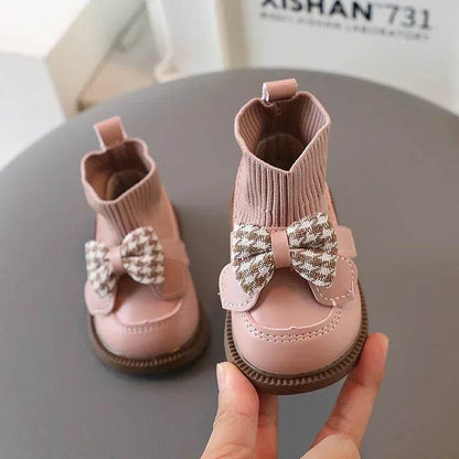 High Top Baby Girl Kintted Sock Shoes Houndstooth Buttefly-knot Toddler Boots for Kids Girls Elegant Newborn Autumn Shoes G09273 - Touchy Style