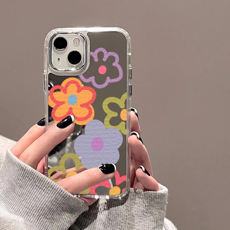 Flower Mirror Phone Case For iPhone 14 Pro Case for iPhone 13 11 12 15 16 Pro Max X XS XR Shockproof Silicone Cover Girl Shell