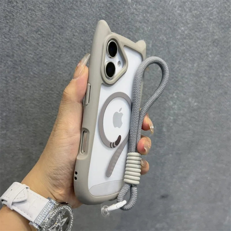 3D Cute Cat Ear Magsafe Case for iPhone 13 14 15 16 Pro Max 11 12 15 16 Plus Transparent PC Armor Cover with Wrist Strap Chain