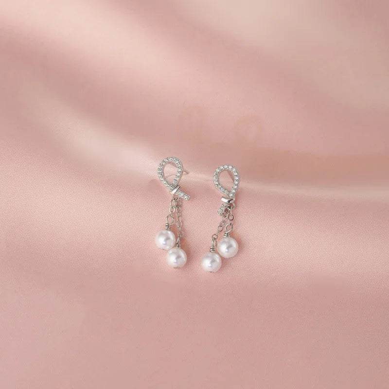 925 Sterling Silver Earring Charm Jewelry - Pearl Tassels Chain Sweet Bow - E6420 - Touchy Style