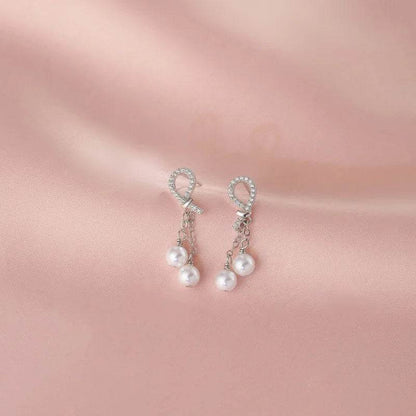 925 Sterling Silver Earring Charm Jewelry - Pearl Tassels Chain Sweet Bow - E6420 - Touchy Style