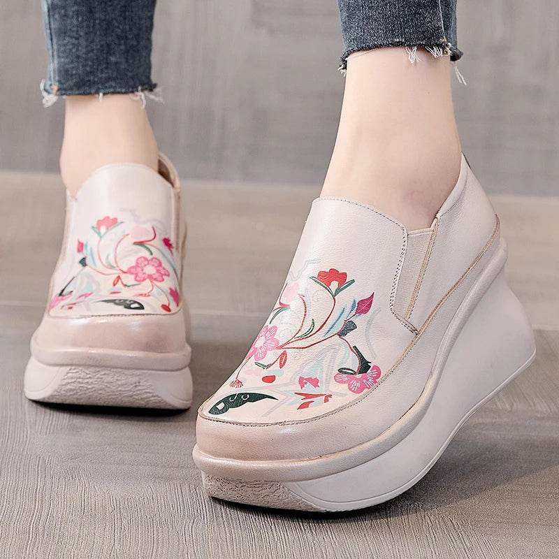Spring Ethnic Style Women Genuine Leather Shoes Slip-On Wedges Heels Shoes Thick Sole Casual Ladies Platform Shoes - Touchy Style