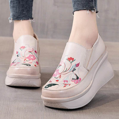 Spring Ethnic Style Women Genuine Leather Shoes Slip-On Wedges Heels Shoes Thick Sole Casual Ladies Platform Shoes - Touchy Style