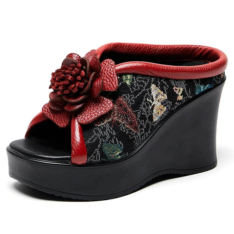 Ethnic Style Women Slippers Summer Embroider Flowers Wedges Open Toe Slippers Outside Genuine Leather Platform Slides - Touchy Style