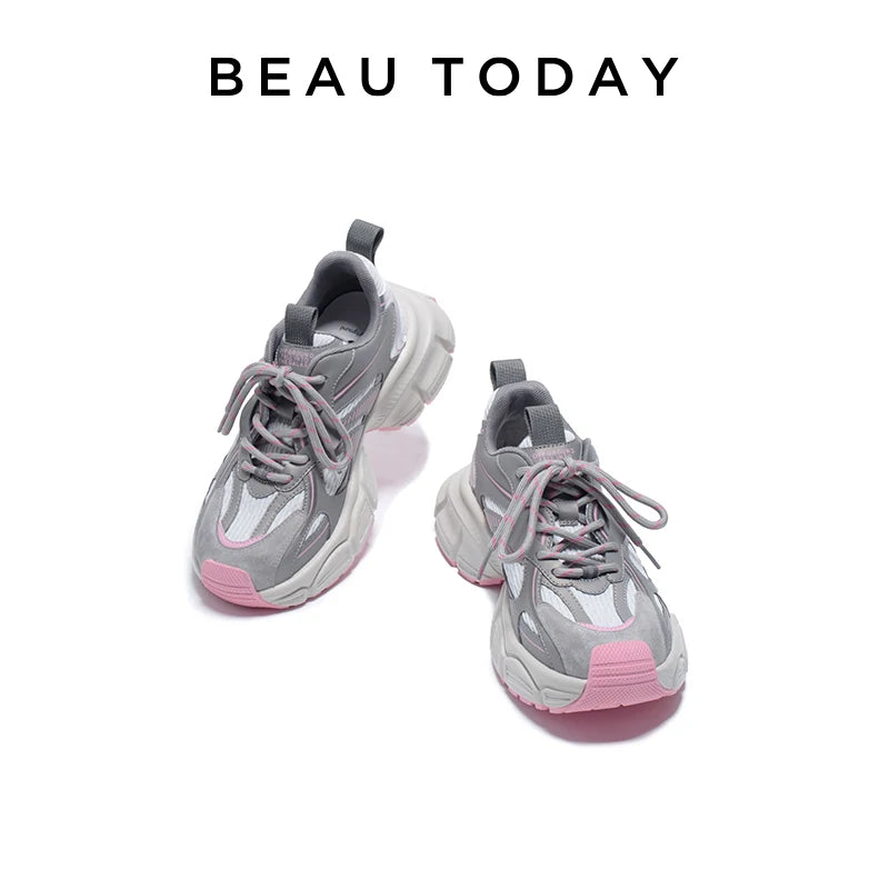 BEAUTODAY Fashion Trainers Women Pig Suede Leather Mesh Mixed Colors Platform Lace-up Sneakers Ladies Shoes Handmade OG-B2112A