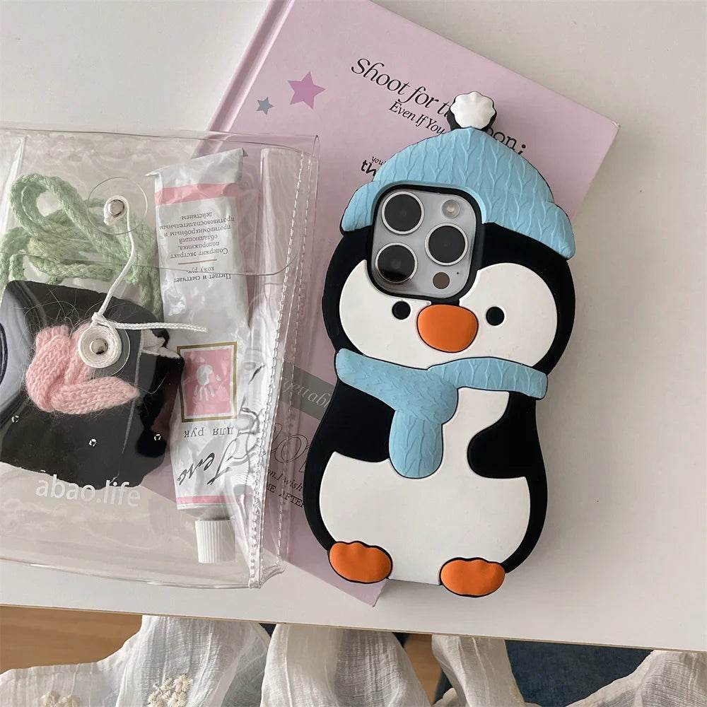 Cute Phone Cases For iPhone 16, 15, 14, 13, 11, 12 Pro Max - Funny 3d Plush Penguin and Puppy Silicone Cover - IC1021 - Touchy Style