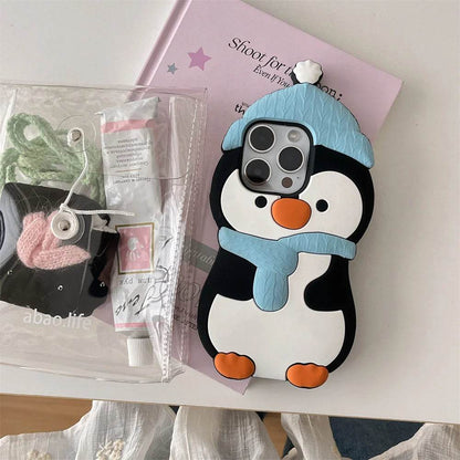 Cute Phone Cases For iPhone 16, 15, 14, 13, 11, 12 Pro Max - Funny 3d Plush Penguin and Puppy Silicone Cover - IC1021 - Touchy Style