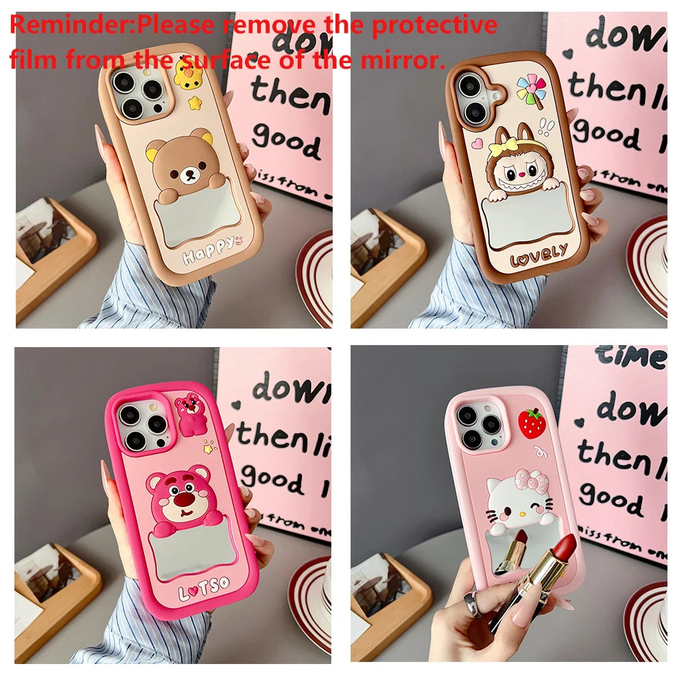 Monsters Berry Bear Cute Phone Cases for iPhone 6 6s 7 8 X XS 11 12 13 14 15 16 Plus Pro Max Soft Mirror Cover