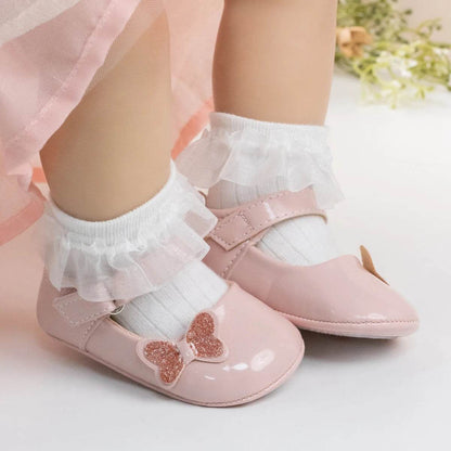 KIDSUN Baby Shoes Newborn Girl Princess PU Toddler Shoes Bow Decor Rubber Sole Anti-Slip First Walker Shoes 0-18M - Touchy Style