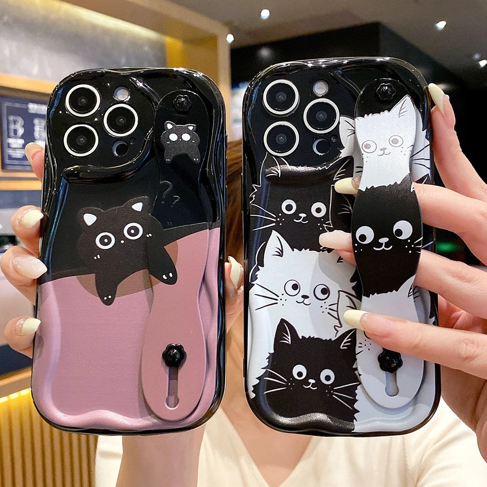Soft TPU Wrist Strap Case For iPhone 16 15 14 13 12 11 Pro Max X Xs Max XR 16E 7 8 Plus Black Cat Wrist Strap Phone Holder Cover