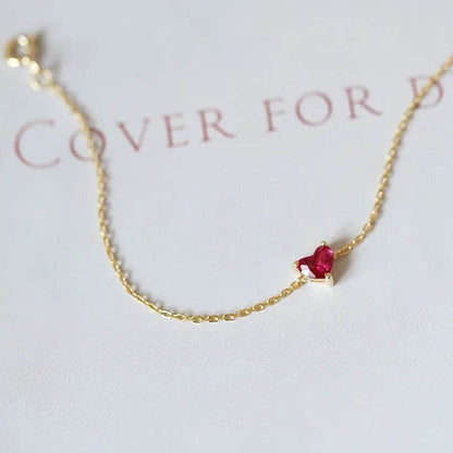 925 Sterling Silver Plated 14K Gold Red Zircon Heart Bracelet for Women Korean Simple Temperament Party Jewelry Accessories - Touchy Style