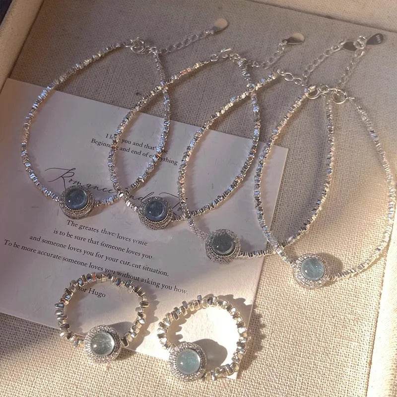 PANJBJ 925 Sterling Silver Blue Crystal Rings For Women Pearl Bead String Design Sweet Elastic Jewelry Gift Dropshipping - Touchy Style