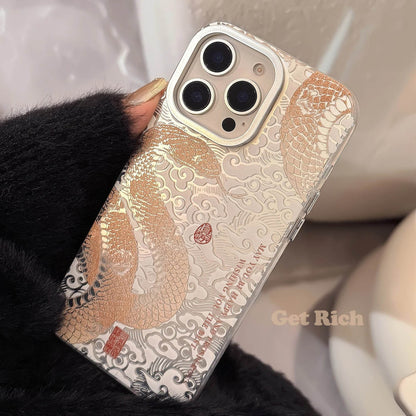 Cute Phone Cases - Chinese Electroplated Golden Snake Pattern - Auspicious Phone Case for iPhone 16 15 14 13 Pro Max Back Phone Cover - Touchy Style