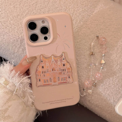 Cute Phone Cases For iPhone 16, 15, 14, 13, 12, 11 Pro Max - Pink Castle, Laser Art with Sweet Bracelet Pendant - IC1050 - Touchy Style