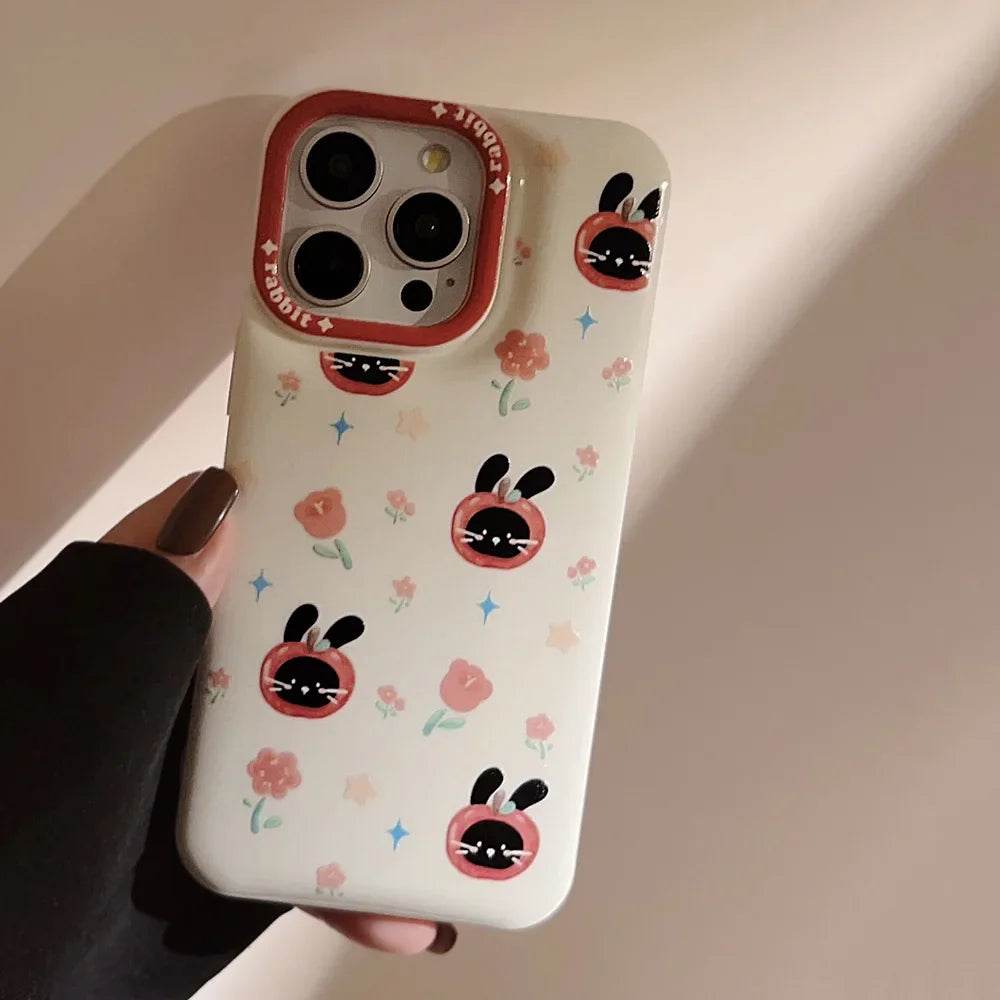 Cute Phone Cases For iPhone 16, 15, 14, 13, 12, 11 Pro Max, Xr, 16 Plus - Funny Tomato Black Rabbit Flowers Cover - IC6040 - Touchy Style
