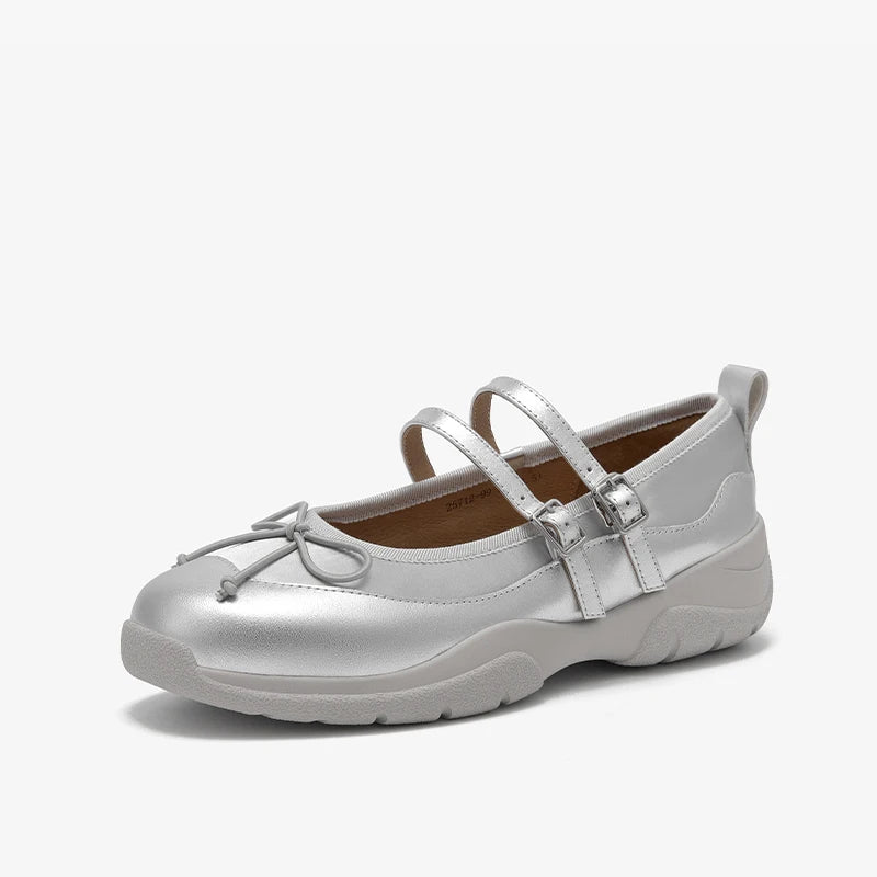 BEAUTODAAY Mary Janes Women Genuine Leather Butterfly-knot Decoration Buckle Straps Fashion Sweet Ballet Shoes Ladies 25712