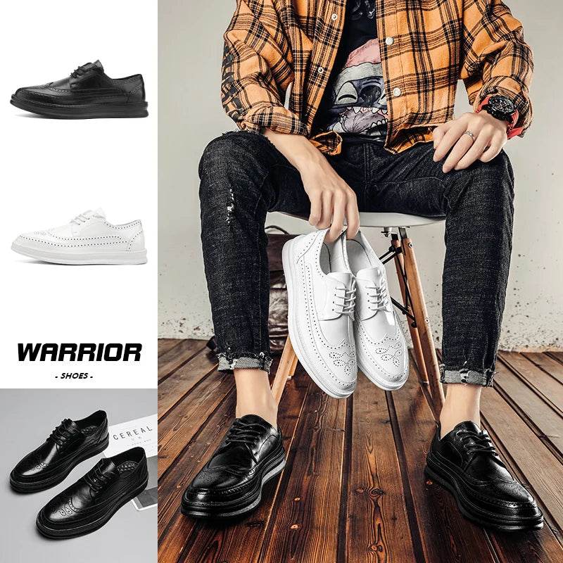 Fashion Derby Leather Men Shoes White Brogue Lace Up Solid Simple Dress Business Casual Party Wedding Flat Shoes For Man - Touchy Style