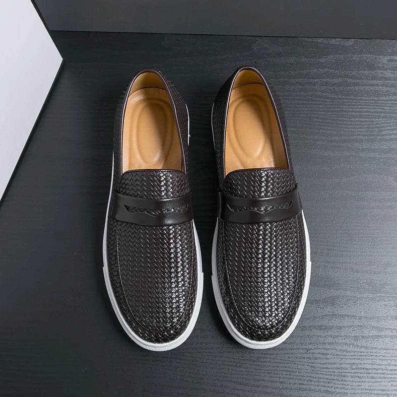 Fashion Slip On Loafers Men Shoes Board Soft Casual Leather Shoes Men Breathable Party Weave Pattern Shoes For Man Flat Free - Touchy Style