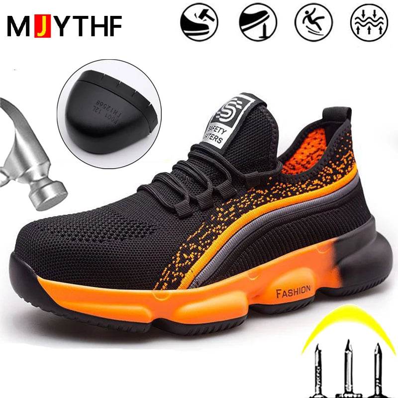 Orange Men Work Shoes Fashion Steel Toe Cap Sneakers Men Safety Shoes Anti-smash Anti-puncture Indestructible Shoes Breathable - Touchy Style