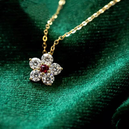 925 Sterling Silver Retro High Quality Flowers Pendant Necklace Red CZ For Women Birthday Gift Fine Jewelry - Touchy Style