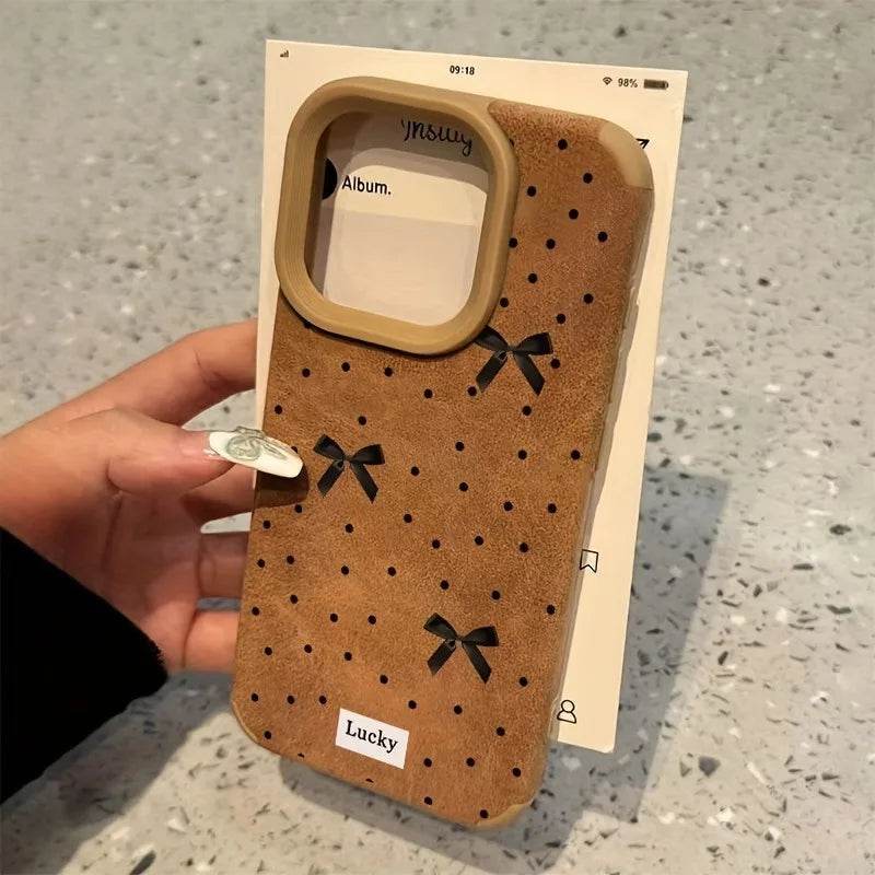 Cute Phone Cases For iPhone 16 15 14 Pro Max XS X XR 11 12 13 15 16 Plus - Simple Hearts Dots Bow Pattern - Leather Cover - Touchy Style