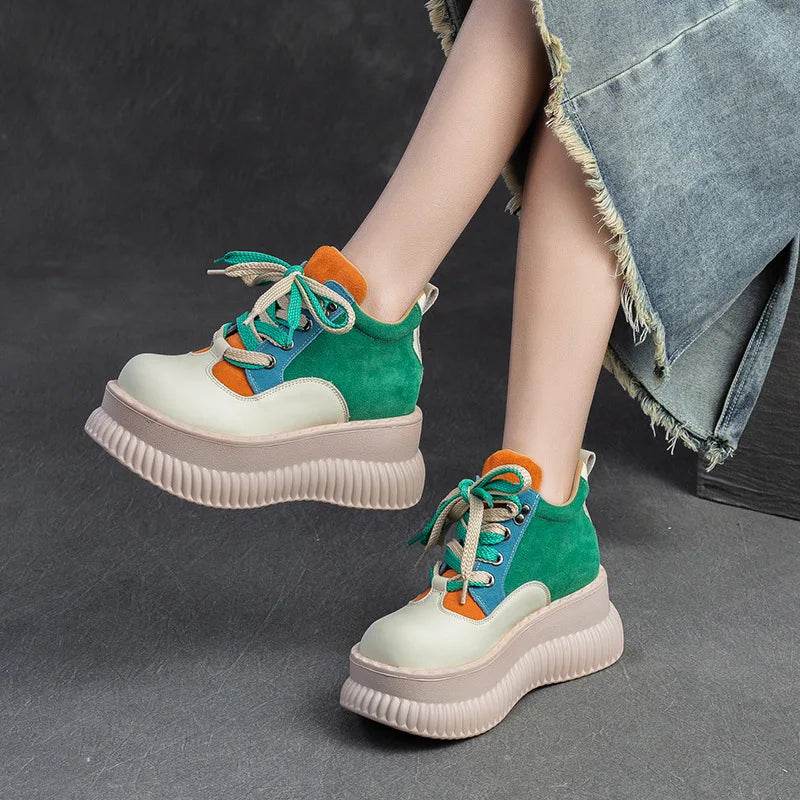 Spring New Genuine Leather Flat Platform Shoes Mixed Colors Thick Sole Shoes For Casual Sneakers Women&
