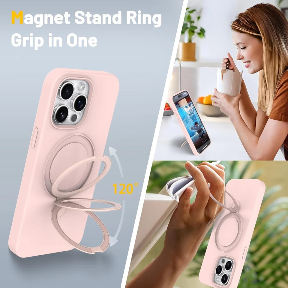 Liduid Silicone Magnetic Stand Phone Case For iPhone 15 14 16 Plus 11 12 13 16 Pro Max Magsafe Charge Protector Soft Cover