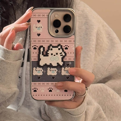Cute Phone Cases For iPhone 16, 15, 14, 13, 12, 11 Pro Max - Pet Cat, Puppy Pixel Stick Plating Art - IC4050 - Touchy Style