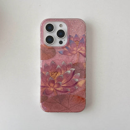 Cute Phone Cases For iPhone 16, 15, 14, 13 Pro Max - Pink Translucent Glittering Lotus Flower Back Cover with Wrist Chain - PC5430 - Touchy Style
