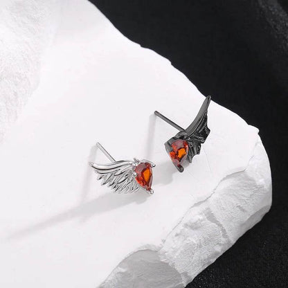 PANJBJ 925 Sterling Silver Red Zircon Studs Earring For Women Neo-Gothic Punk Wing Feather Angel Devil Jewelry Gift Dropshipping - Touchy Style
