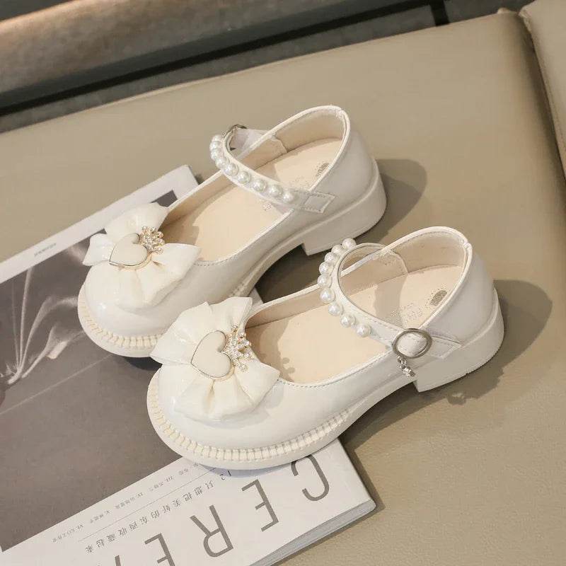 Girl Leather Shoes Mary Jane for Wedding Party Children Fashion Sweet Crown Bowknot Single Shoes Elegant Kid Princess Flat Shoes - Touchy Style