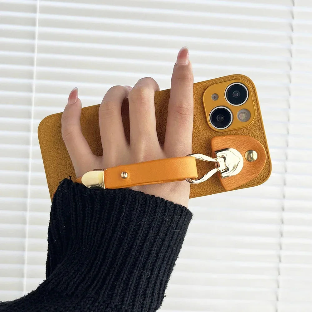 Leather Pattern Wrist Strap Case For iphone 16 15 14 13 12 11 Pro Max XR X Xs Max Luxury Shiny Color Shockproof Phone Cover