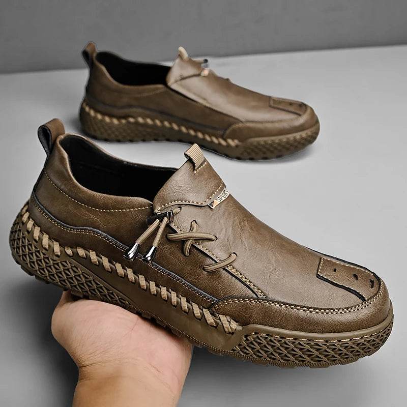 Fashion Leather Men Casual Shoes Hand-stitching Soft Mens Loafers Comfy Moccasins Breathable Slip on Driving Shoes Treking Flats - Touchy Style