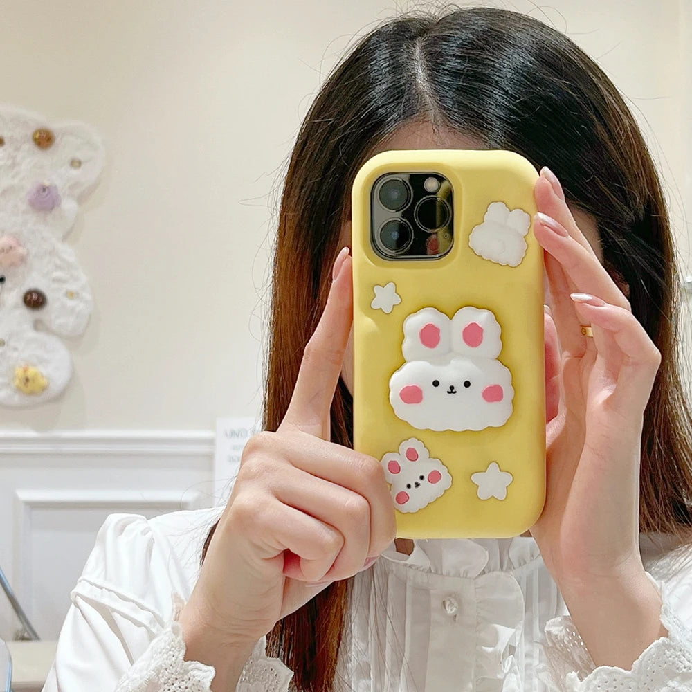 Cute Phone Cases - 3D Rabbit Folding Silicone Stand Cover for iPhone 15/14/13/12/11 Pro Max - TSP286