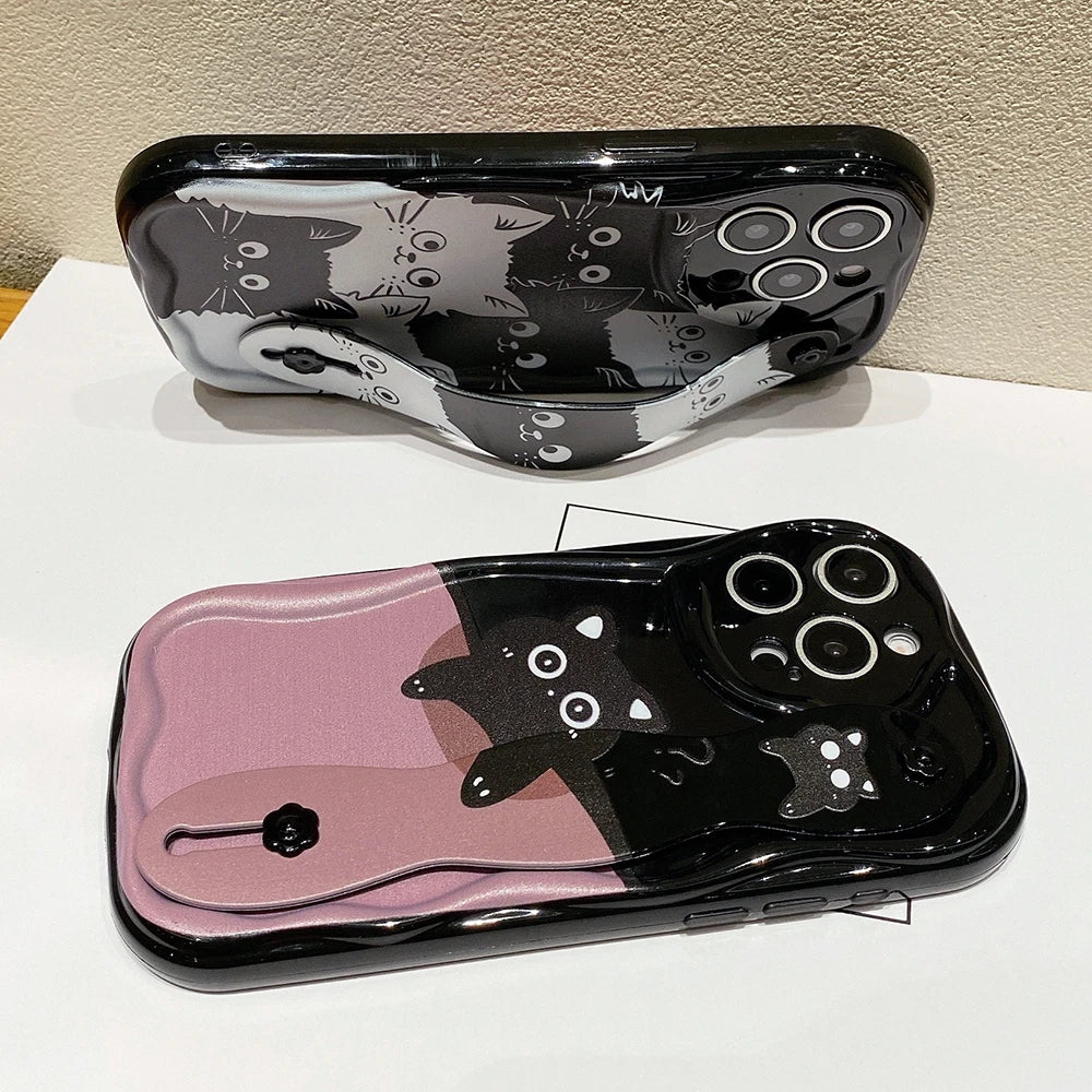 Soft TPU Wrist Strap Case For iPhone 16 15 14 13 12 11 Pro Max X Xs Max XR 16E 7 8 Plus Black Cat Wrist Strap Phone Holder Cover